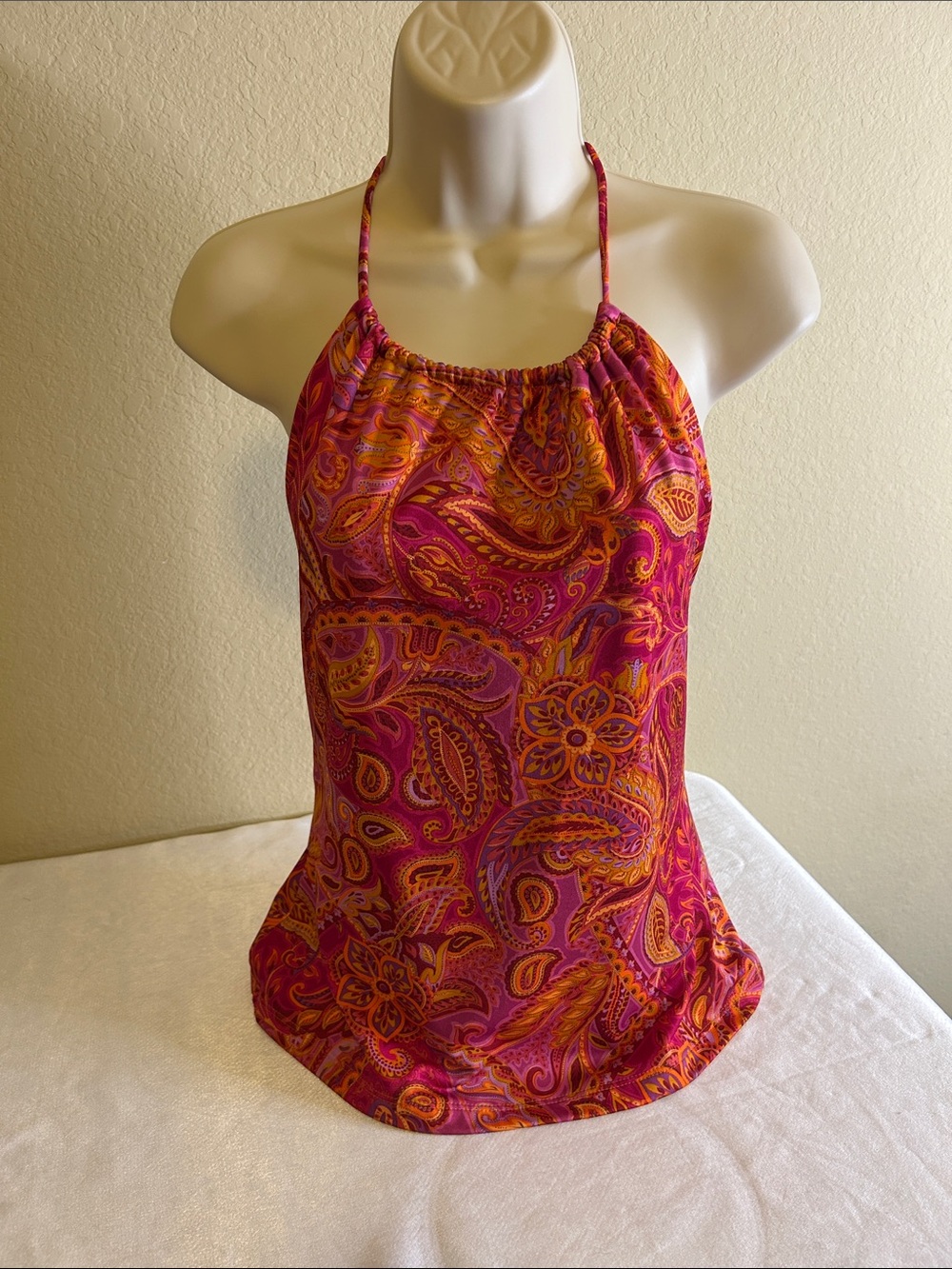 Ruby Pink & Orange Paisley Halter One-Piece Swimsuit or Top Size L
